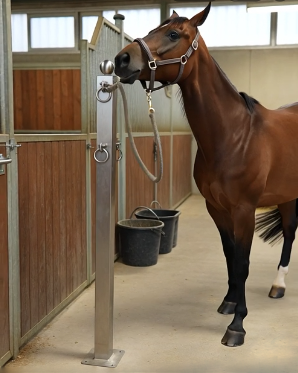 Brown horse standing next to a metal post in a stable.